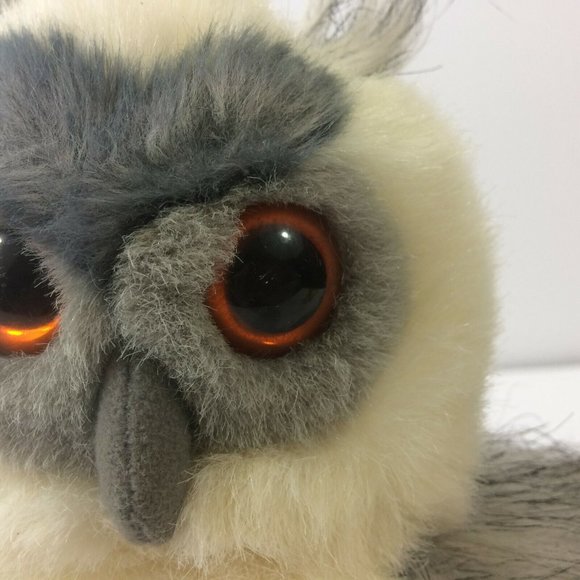 Aurora Horned Owl Plush White Gray 9" Stuffed Animal Toy Realistic Orange Eyes - Picture 4 of 12
